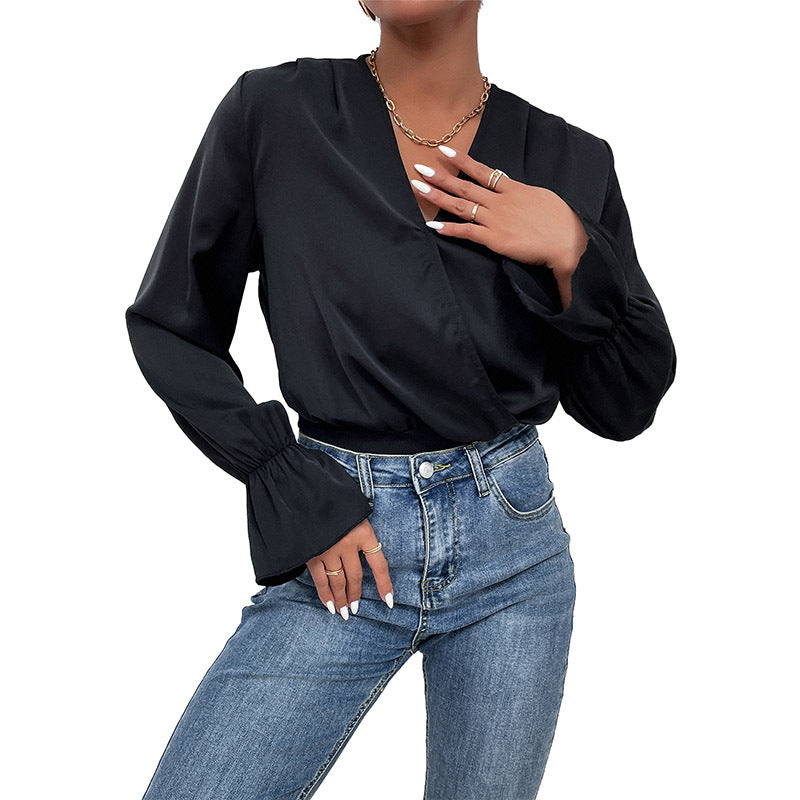 Women's satin bodysuit with wrap V-neck, fitted ribbed waistband and flounce sleeves Chichicherry