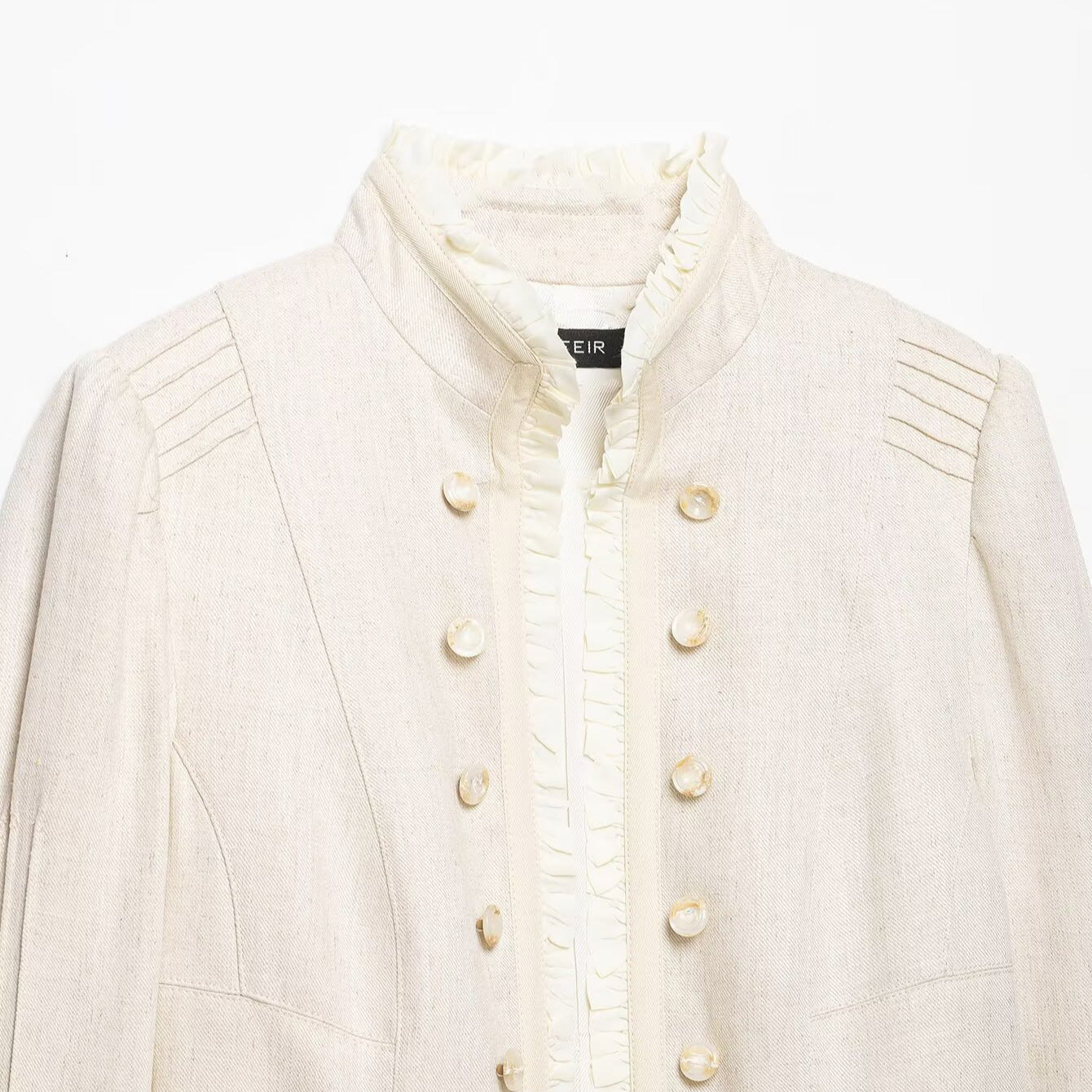 Women Cropped Jacket with Stand Collar, Pleated Sleeves and Ruffle Trim Chichicherry