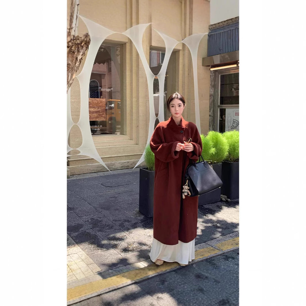 Women's Oversized Wool Coat with Stand Collar and Single-Button Closure Chichicherry