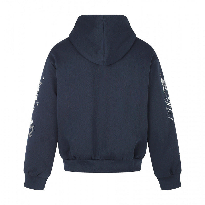 Unisex Oversized Hooded Zip Jacket with Allover Graphic Print, Zipper and Ribbed Hem Chichicherry