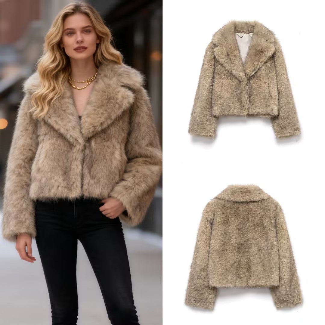 Women Short Cut Faux Fur Coat with Wide Lapel Collar Chichicherry
