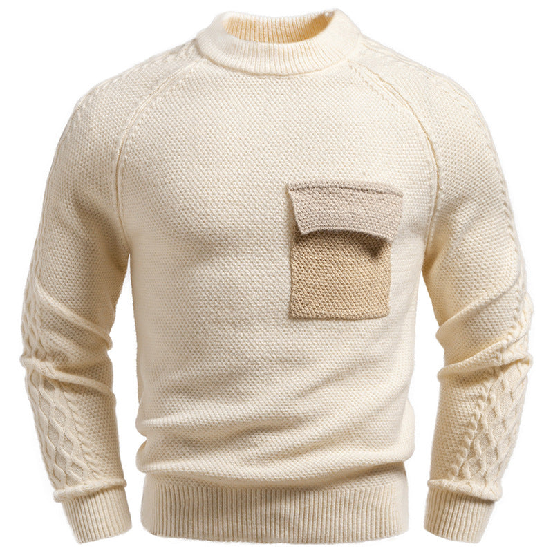 Men's pullover made of textured knit with round neck, attached chest pocket and cable pattern sleeves Chichicherry