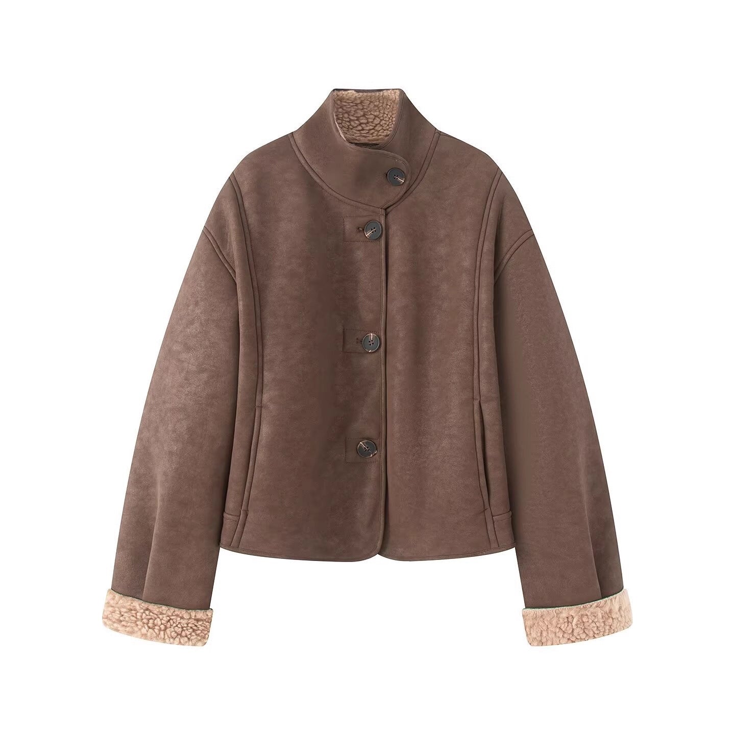 Women's short-cut artificial lambskin jacket with stand-up collar, button closure, and foldable faux-fur cuffs Chichicherry
