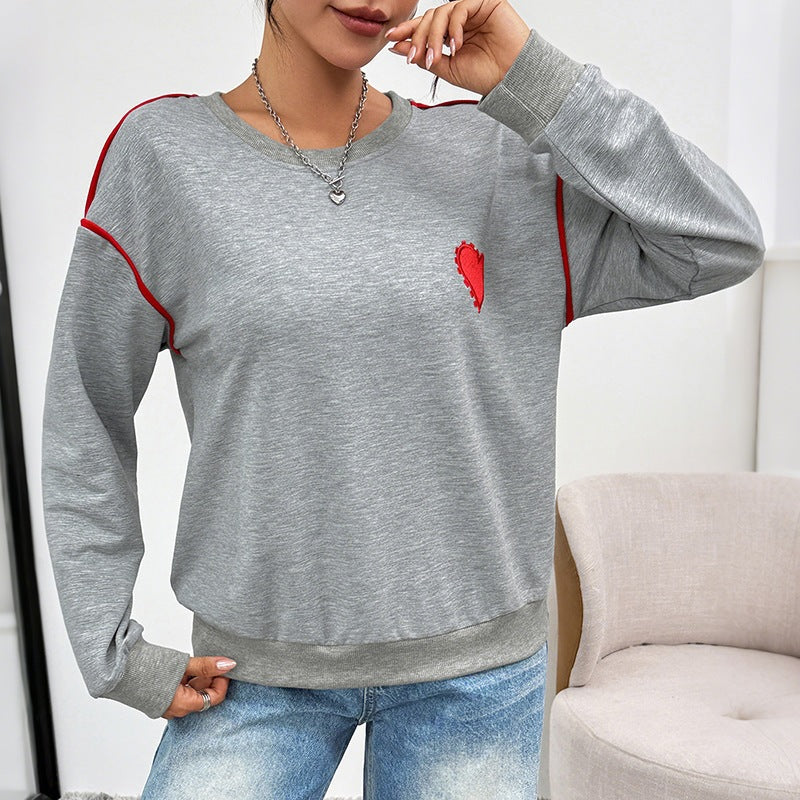 Women's Oversize Sweatshirt with Embroidered Heart, Contrast Piping and Ribbed Hem Chichicherry