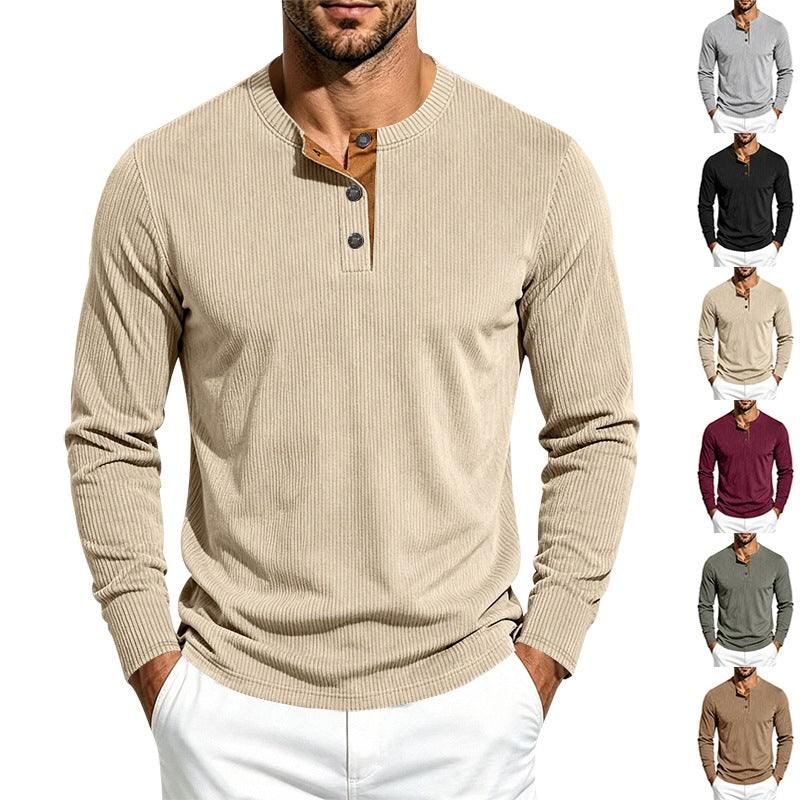 Men's Long Sleeve Ribbed Knit Henley Shirt with Button Placket and Round Neck Collar Chichicherry