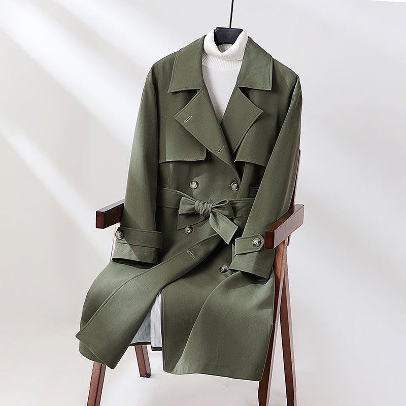 Women Long Tailored Trench Coat with Wide Shawl Collar and Tie Belt Chichicherry