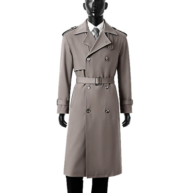 Men's knee-length double-breasted trench coat with epaulettes, storm flap, and cuff strap Chichicherry