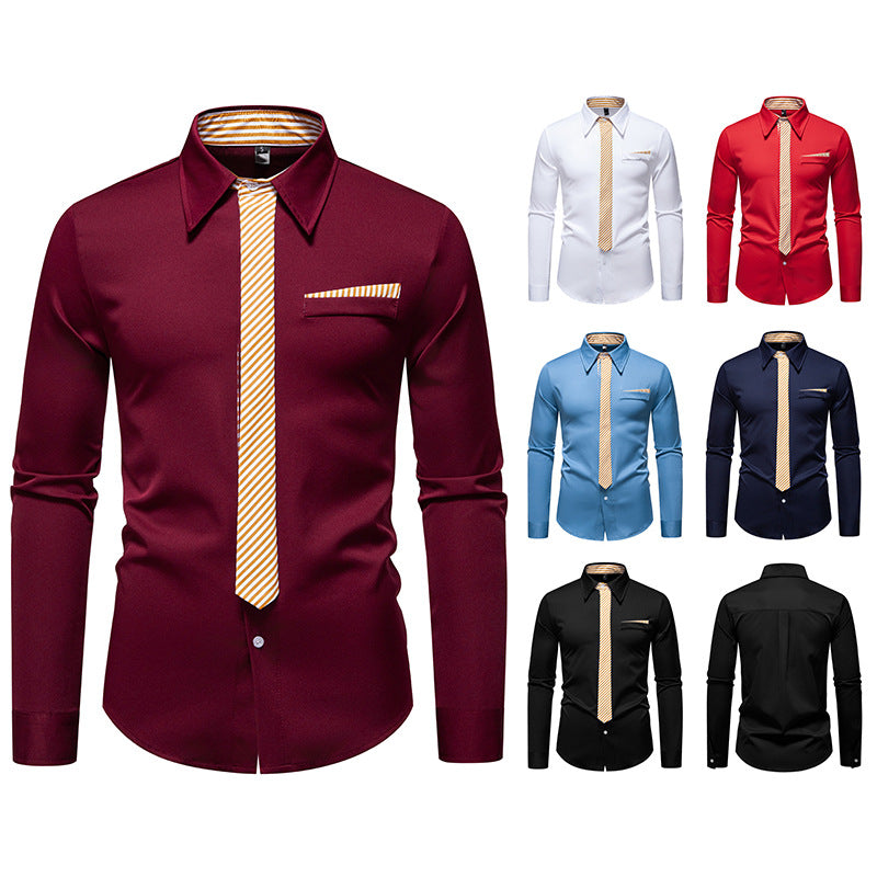 Men's Slim-Fit Business Shirt with Integrated Tie Look and Chest Pocket Chichicherry