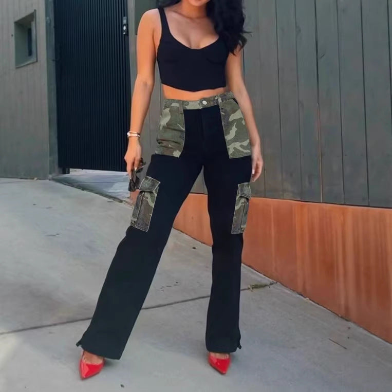 Women High-Waist Utility Jeans with Camouflage Panels and Patch Cargo Pockets Chichicherry