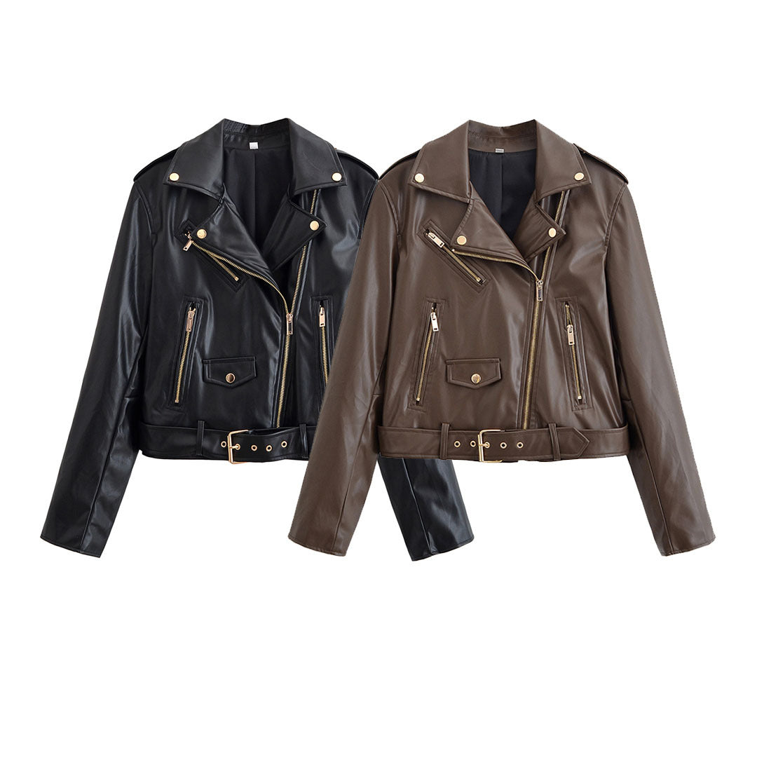 Women's biker jacket made of faux leather with asymmetrical zipper, waist belt, and gold-colored details Chichicherry