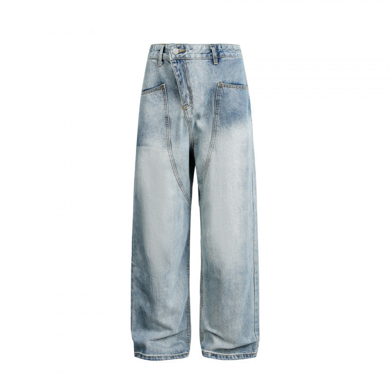 Women's Wide High-Waist Denim Pants with Curved Front Pockets Chichicherry