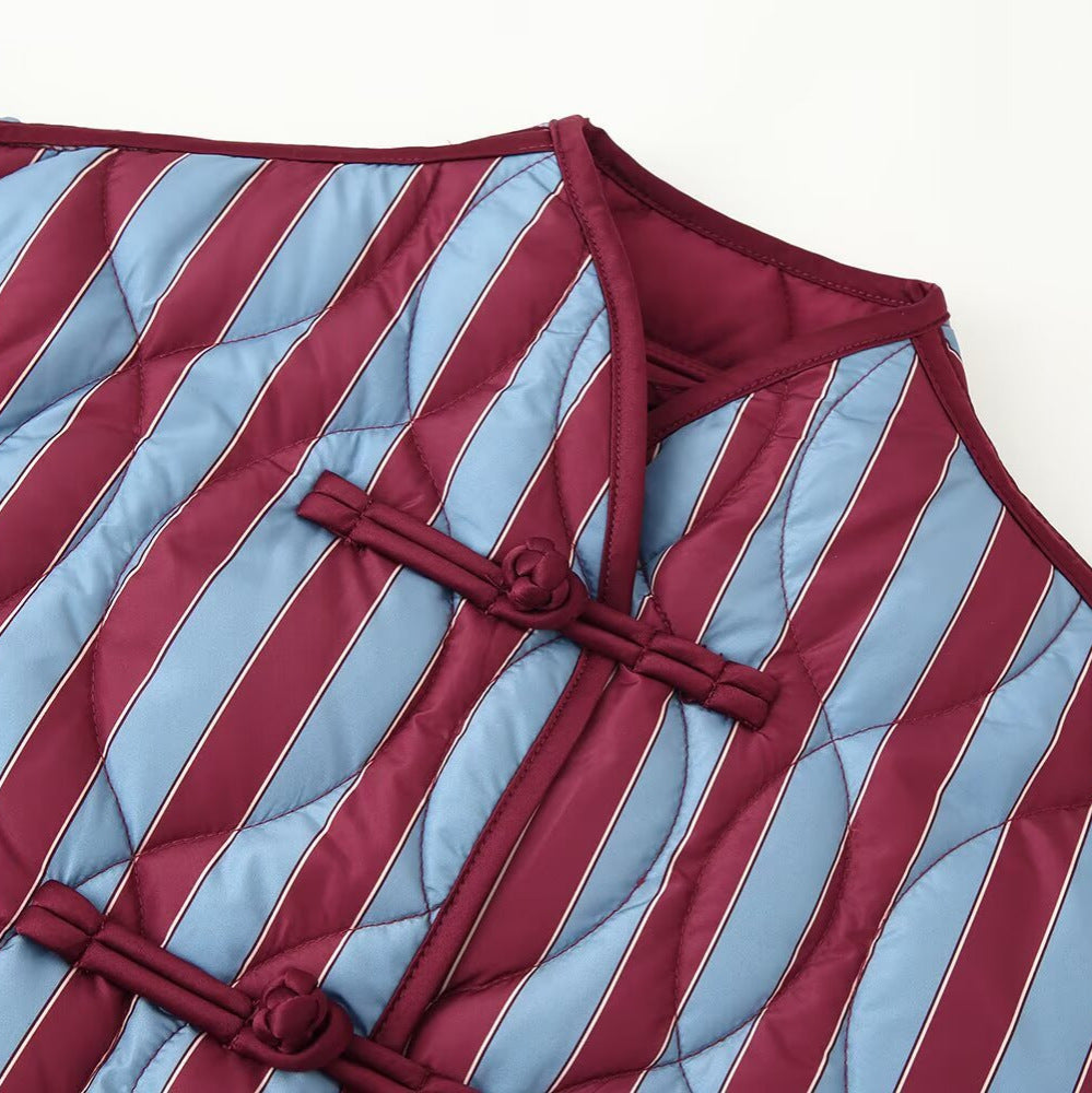 Women Padded Jacket with Stand-up Collar, Striped Quilting and Knot Closures Chichicherry