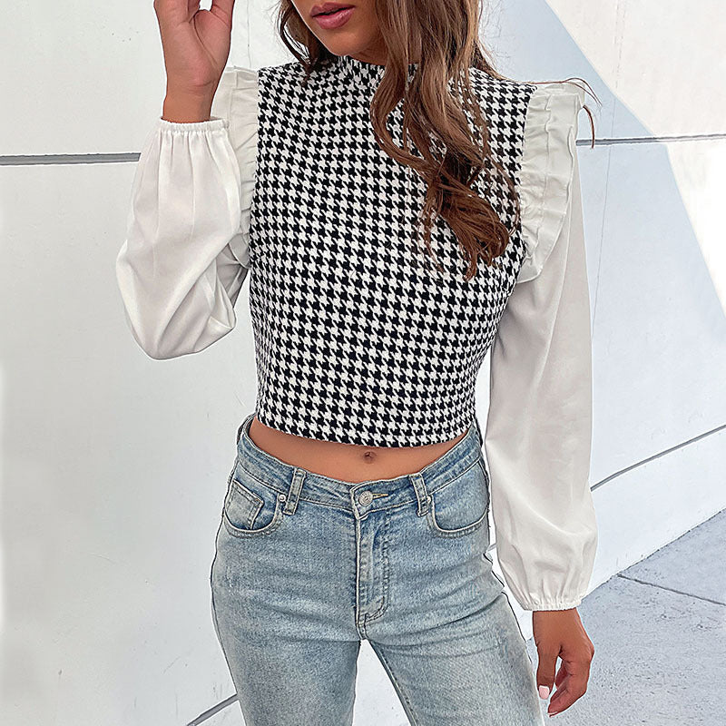 Women's Short Houndstooth Top with Stand Collar, Puff Sleeves and Gathered Shoulder Ruffles Chichicherry