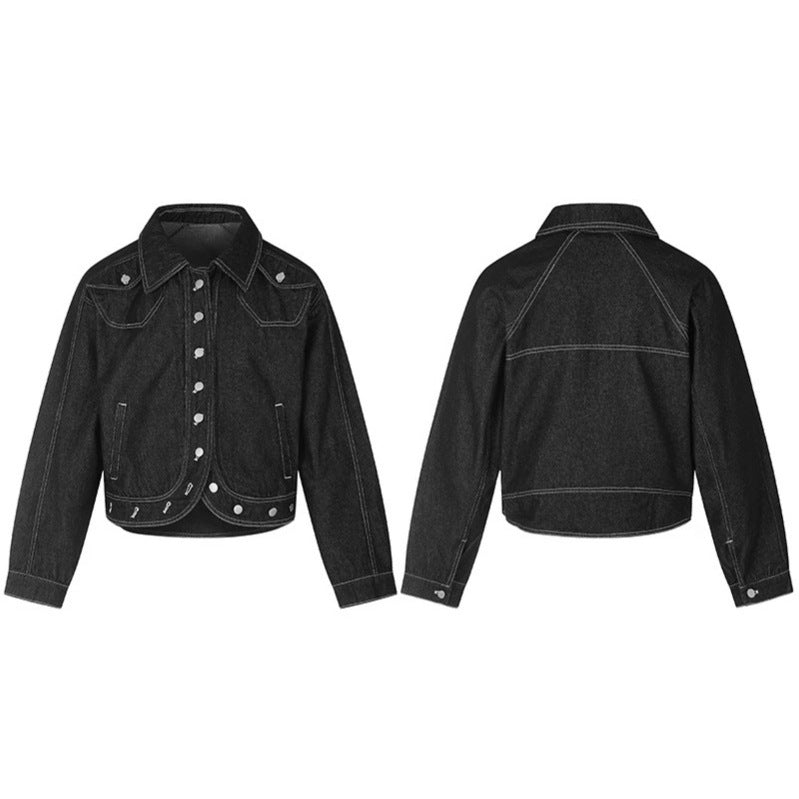 Women Cropped Denim Jacket in Western Look with Contrast Stitching and Metal Snap Buttons Chichicherry