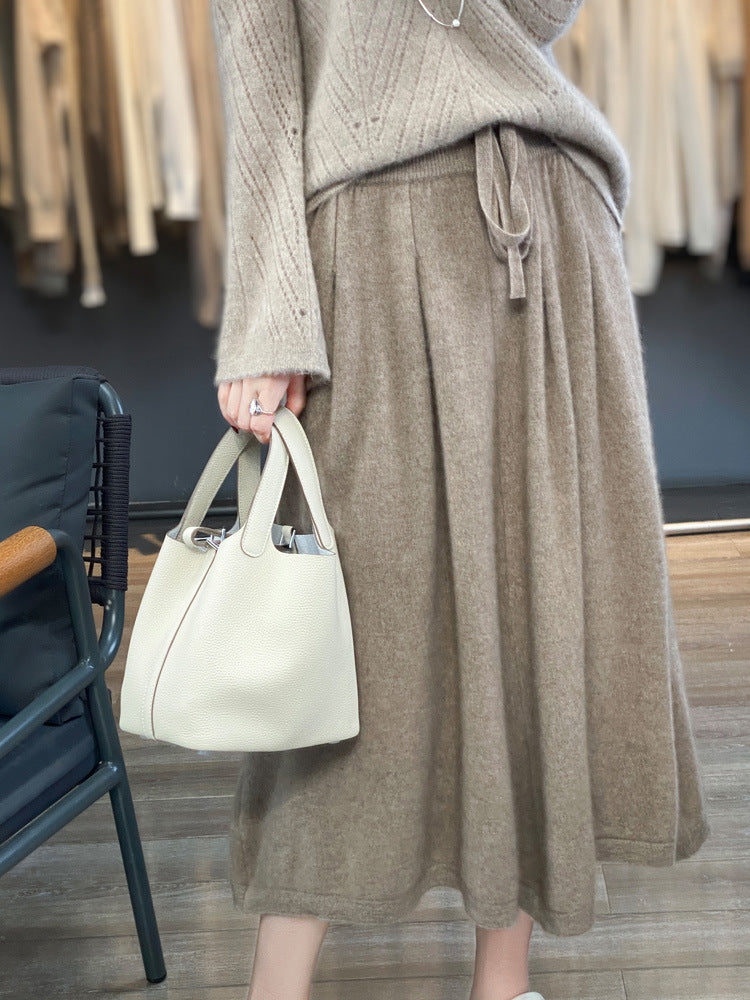 Women Midi-Length Cashmere-Effect Knit Skirt with Pleats and Drawstring Chicicherry
