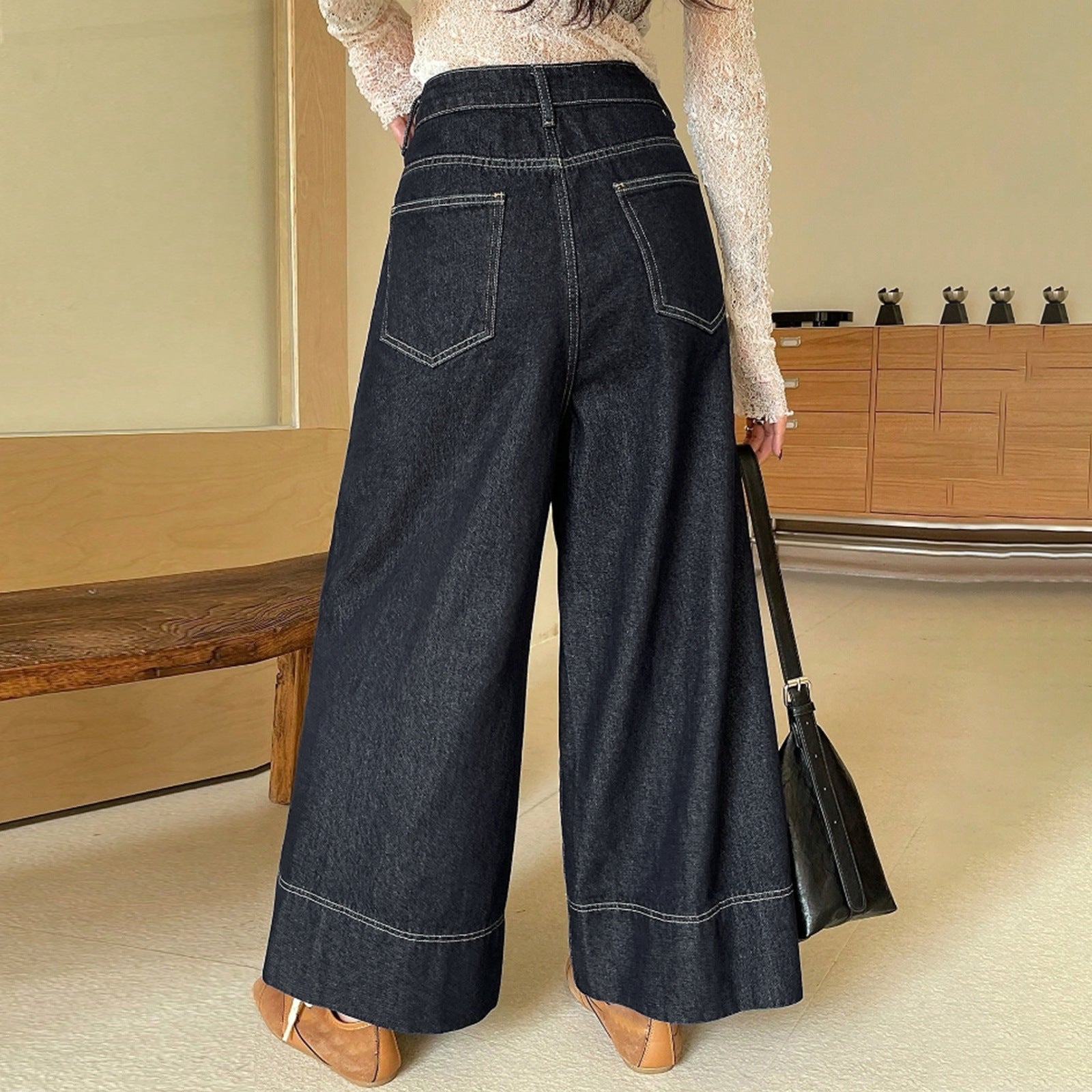 Women's High-Waist Culotte Jeans made of heavy Wide-Leg Denim with decorative front seam Chichicherry