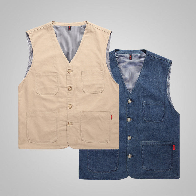 Men's Cotton Canvas Utility Vest with Striped Lining and Patch Pockets Chichicherry