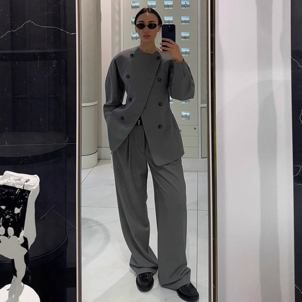 Women's Tailored Double-Breasted Blazer with Asymmetric Closure and Pleated Pants Chichicherry
