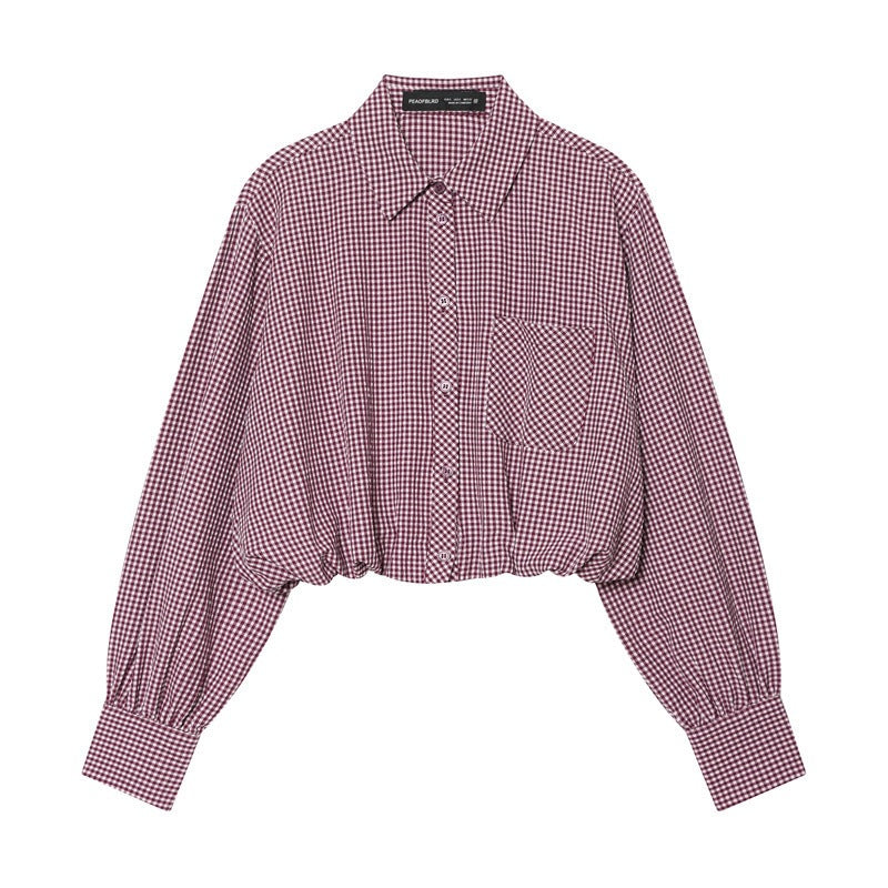 Women Checked Cropped Blouse with Elastic Hem Chichicherry
