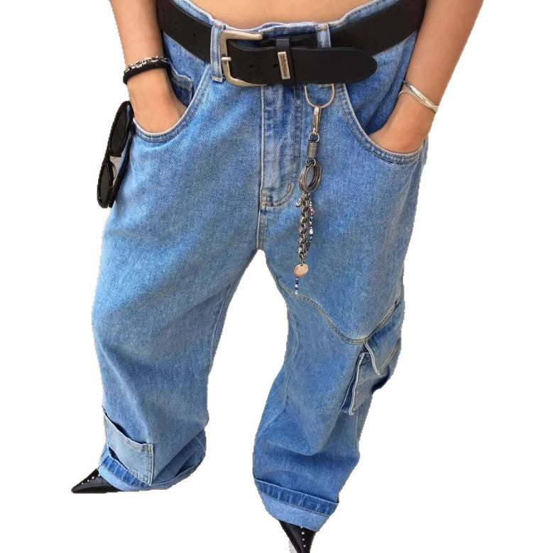 Women Extra Wide Baggy Jeans with Cargo Patches and Low Waist Chichicherry