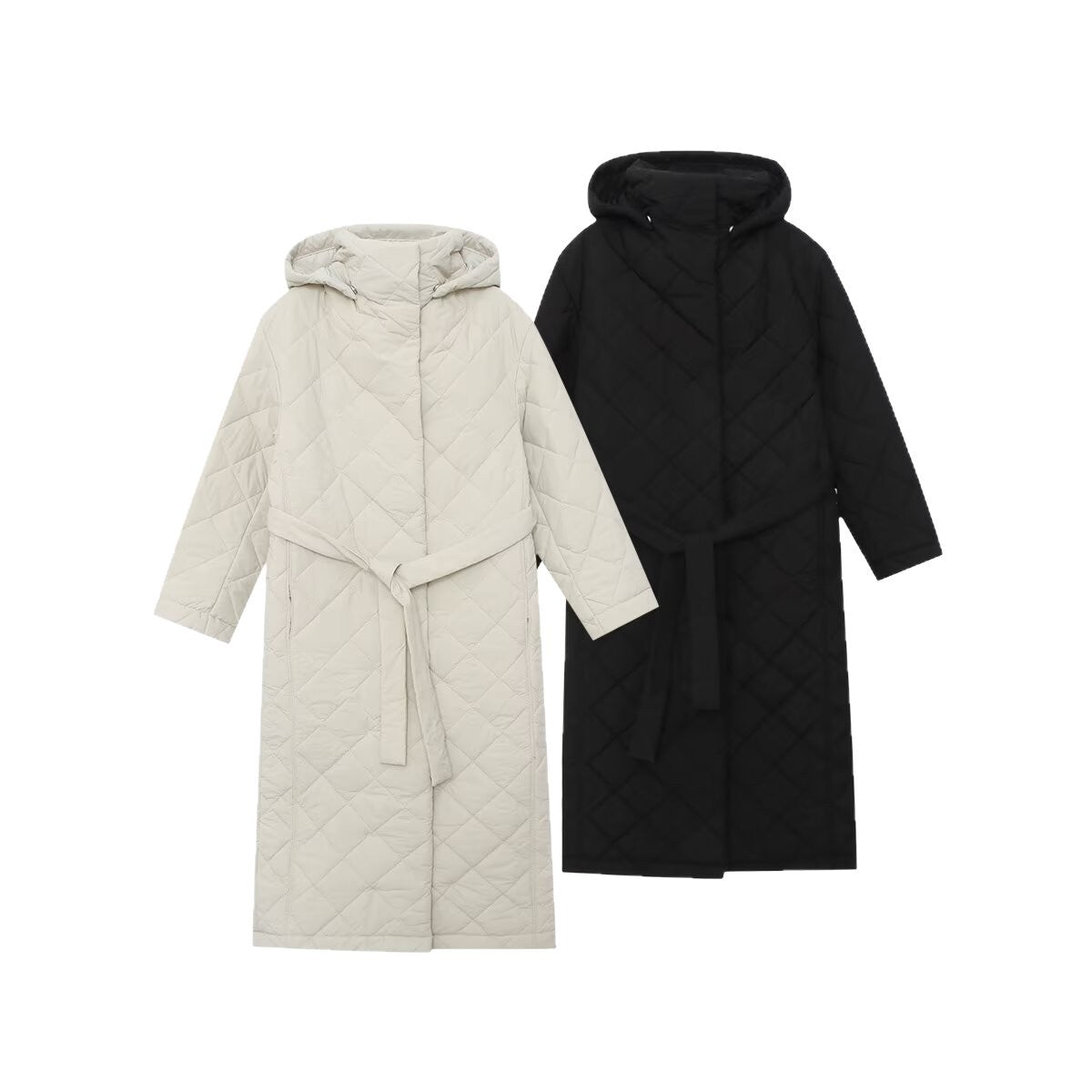 Ladies quilted coat with hood, belt and diamond quilting Chichicherry
