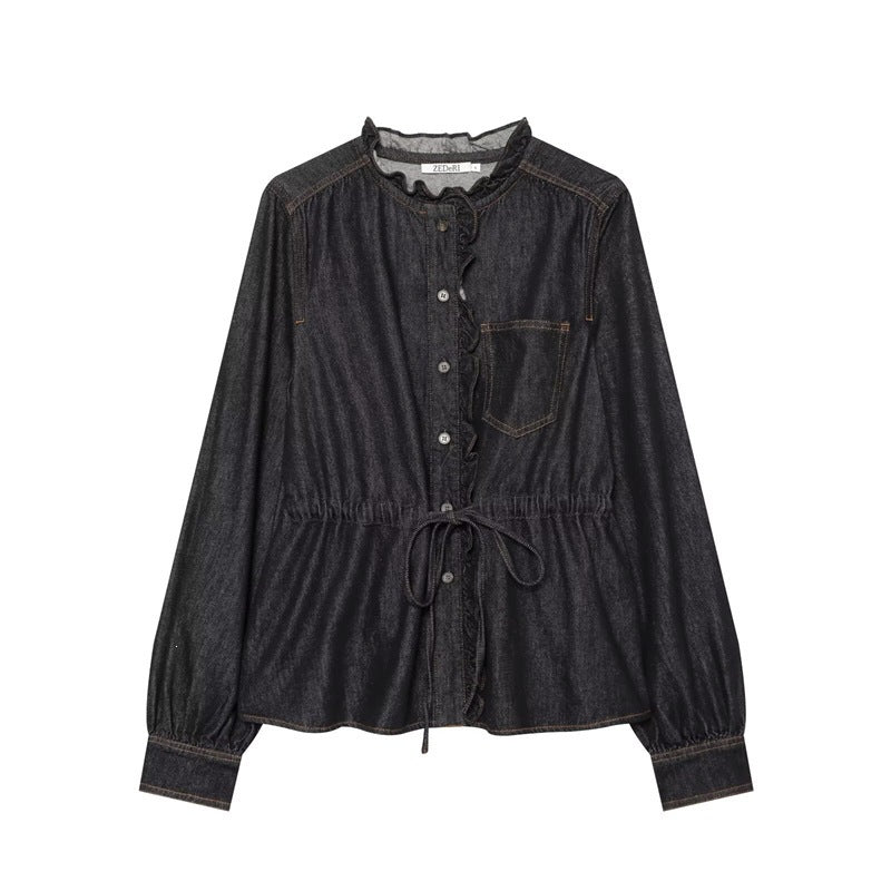 Women's tailored blouse jacket in denim look with ruffle collar and drawstring Chichicherry