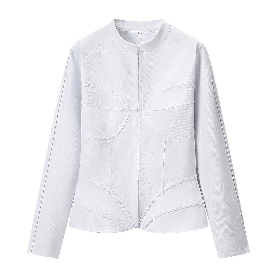 Women Tailored Short Jacket with Stand Collar and Contouring Darts Chichicherry