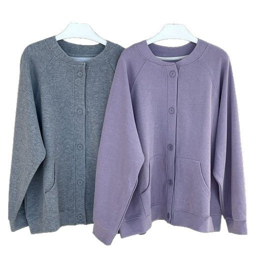 Women Loose Sweat Jacket Cardigan with Button Placket and Kangaroo Pocket Chichicherry