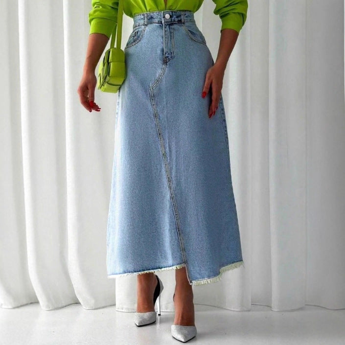 Ladies High-Waisted Maxi Denim Skirt with Asymmetrical Front Seam and Frayed Hem Chichicherry