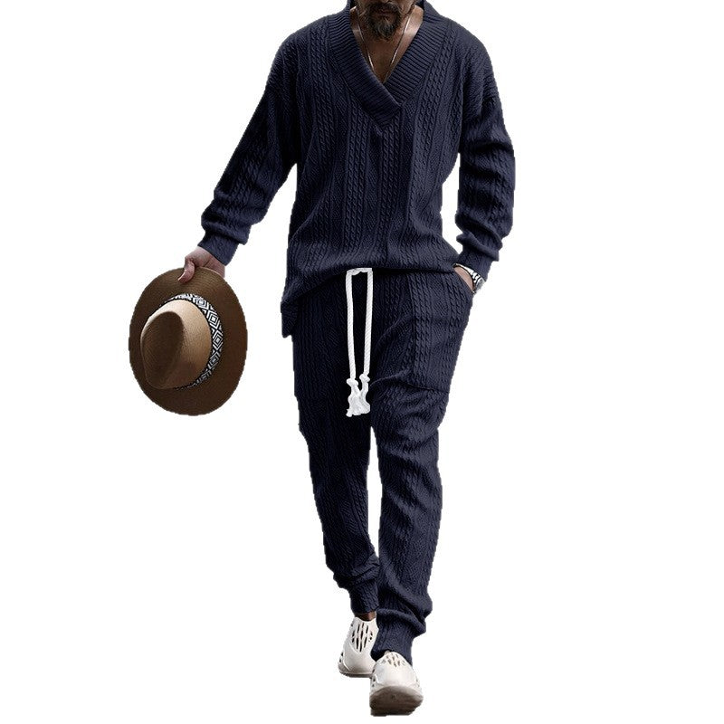 Men's Structured Knit Lounge Set with Deep V-Neck and Drawstring Pants Chichicherry