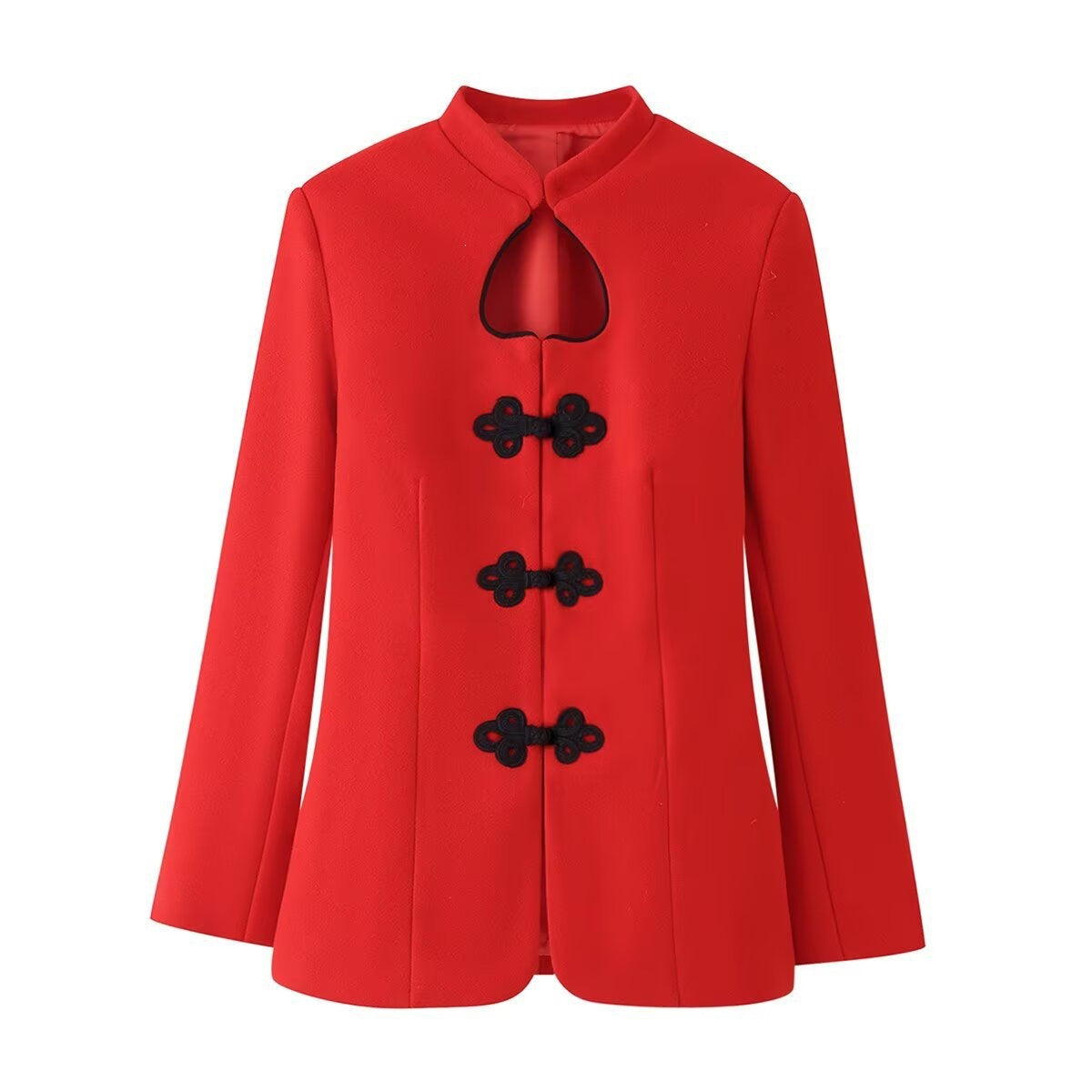Women's Tailored Short Jacket in Mandarin Style with Keyhole Neckline and Decorative Knot Closures Chichicherry