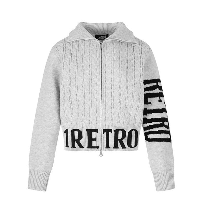 Women's Short Cable Knit Cardigan with Stand-up Collar, Full-Length Zipper and Typo Hem Chichicherry