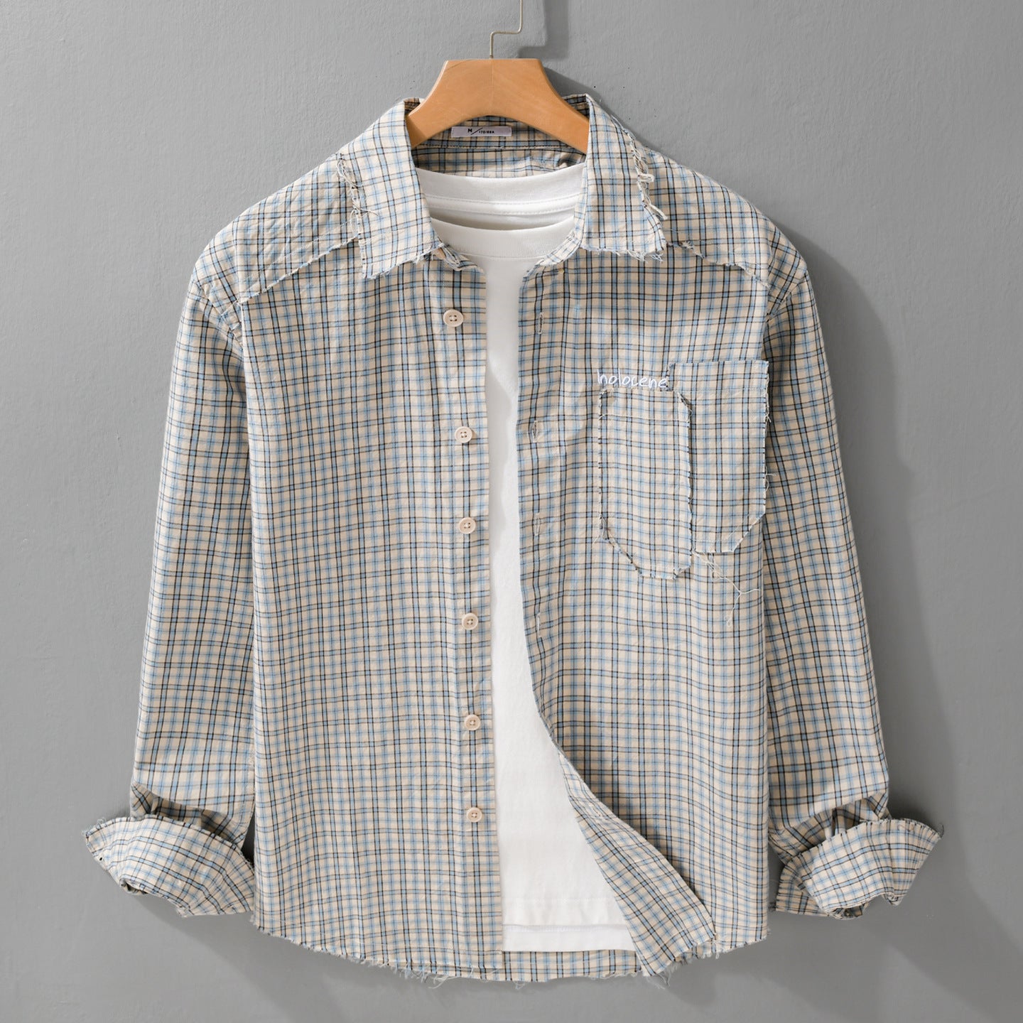 Men's check overshirt with frayed hem, chest pocket, and relaxed fit Chichicherry