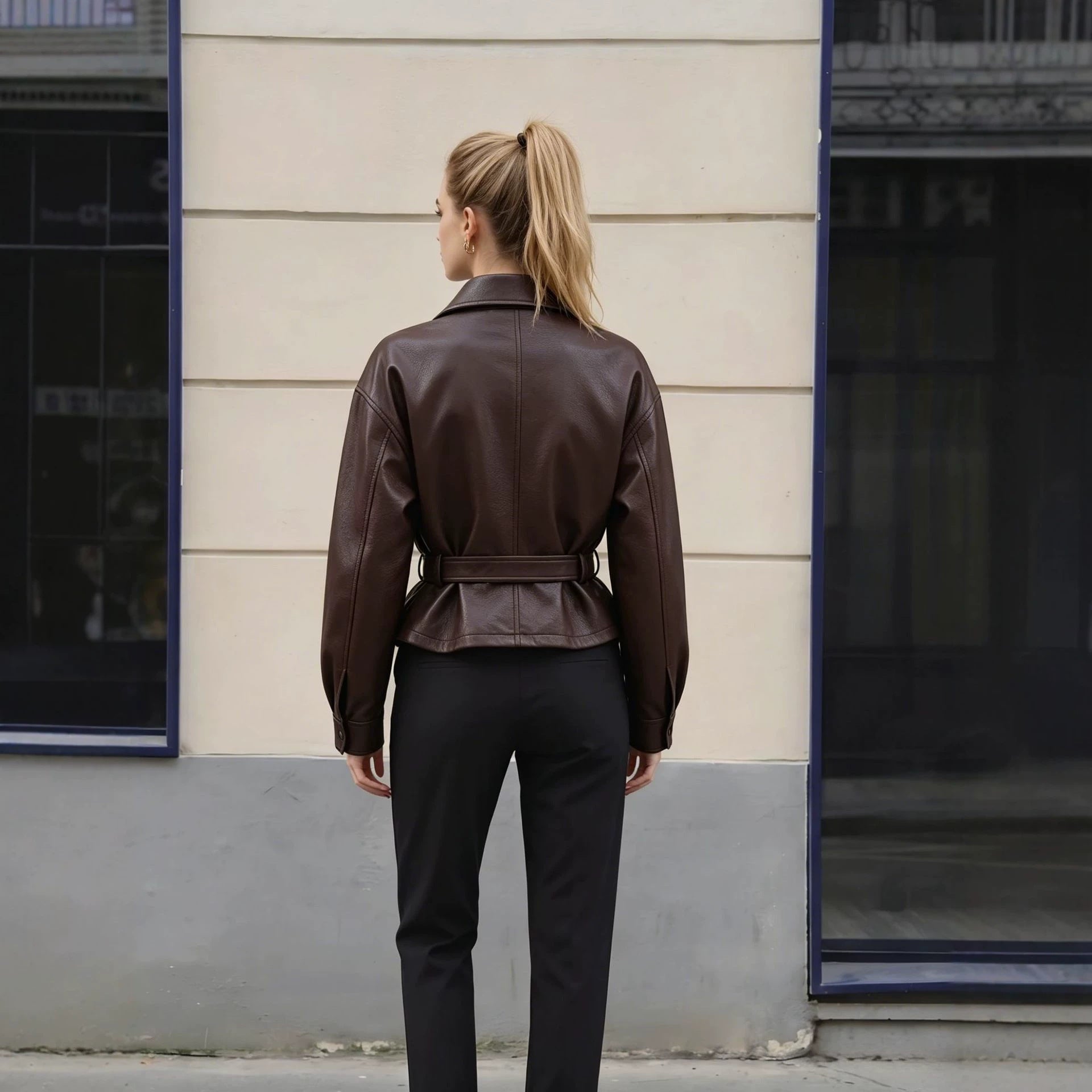 Women's leather jacket with waist belt and oversized cut Chichicherry