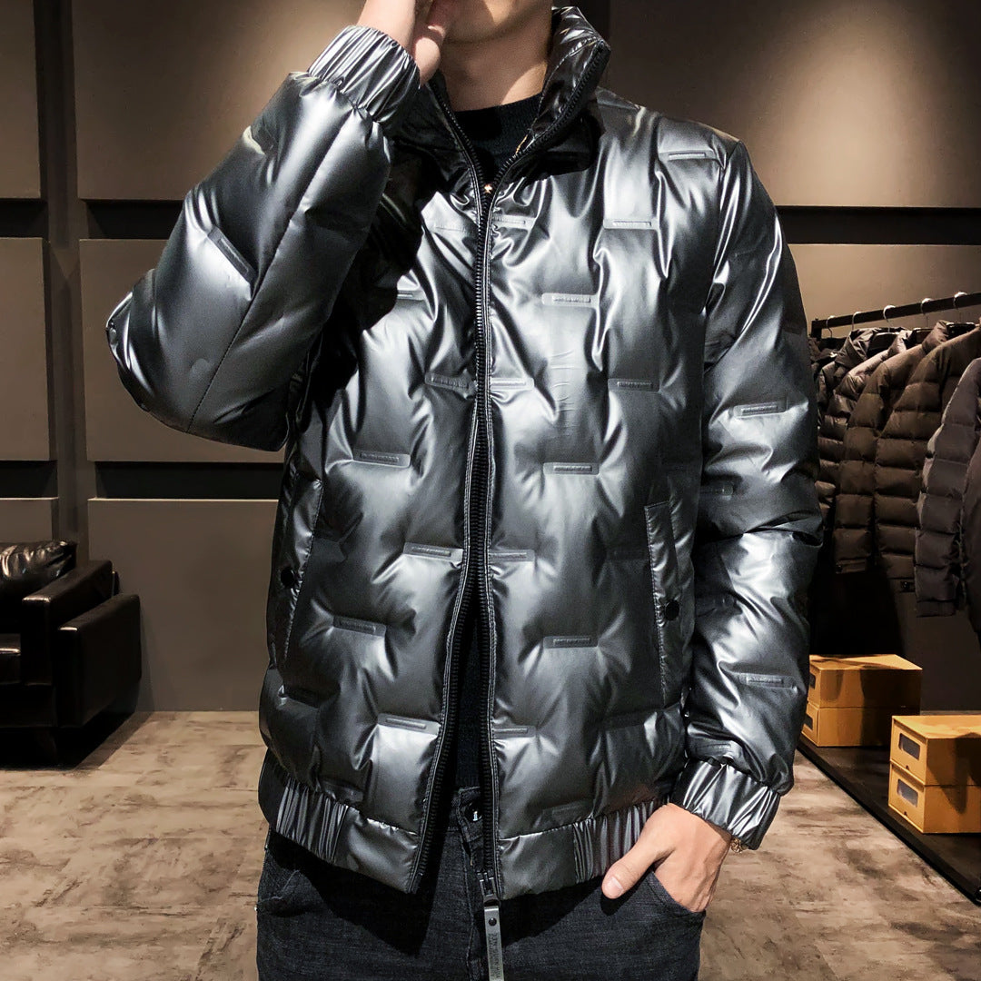 Men's Shiny Thermal Quilted Jacket with Square Quilt and High-Closing Stand-Up Collar Chichicherry