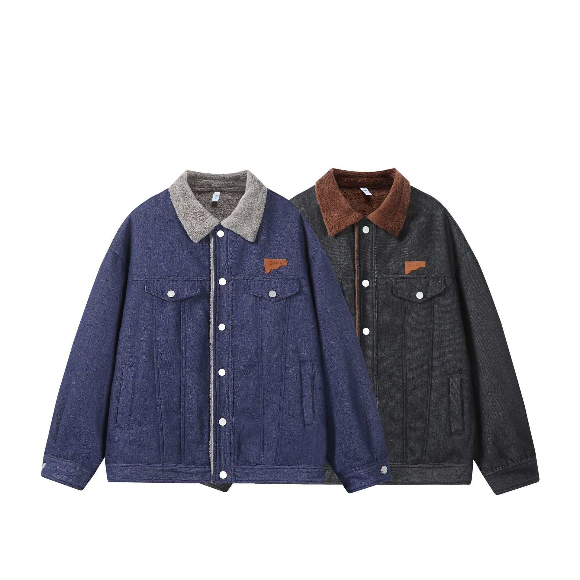 Men's Lined Denim Jacket with Teddy Collar, Snap Front and Utility Pockets Chichicherry