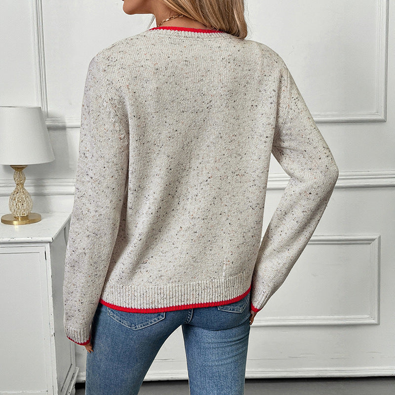 Women's Short Cut Boucle Cardigan with Contrast Cuffs and Decorative Heart Buttons Chichicherry