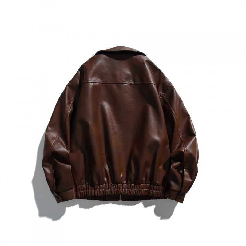 Men's short boxy leather look blouson jacket with shirt collar, front zipper and elastic hem Chichicherry