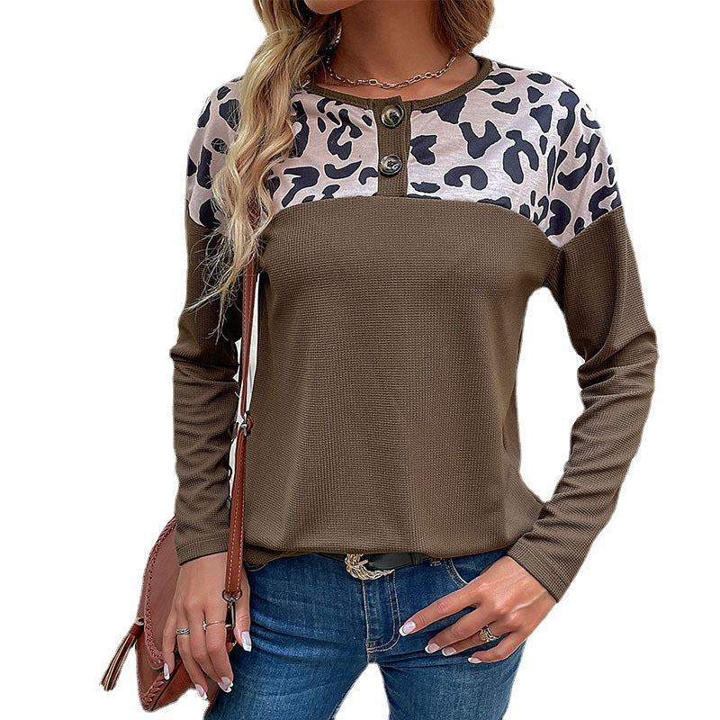 Women's Long-Sleeved Waffle Knit Shirt with Leopard Print Shoulder and Button Placket Chichicherry