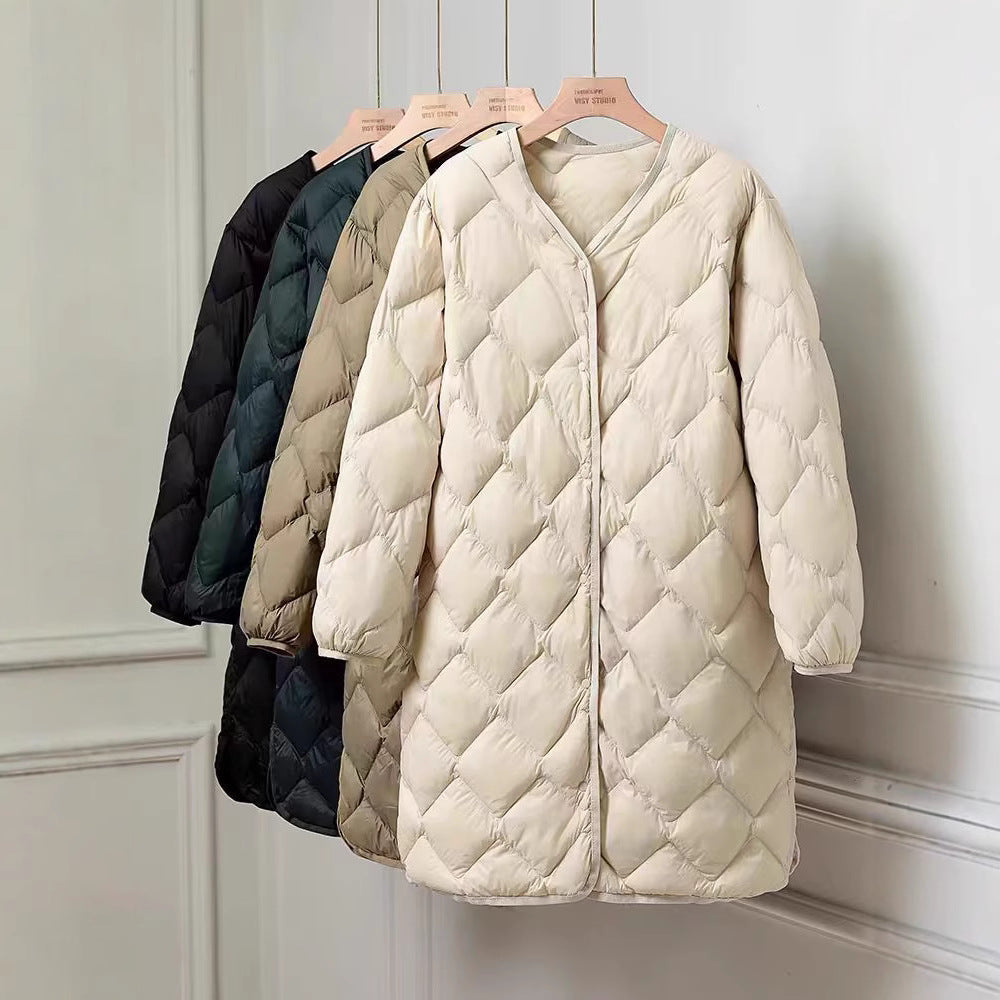 Women's Elegant Long Coat in Quilted Down Look with Diamond Quilting and Concealed Snap Button Placket Chichicherry