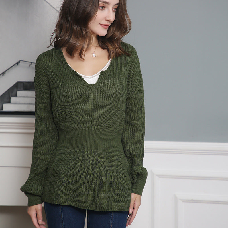 Women's Loose Fine Knit Sweater with V Notch Neckline, Fitted Ribbed Hem and Balloon Sleeves Chichicherry