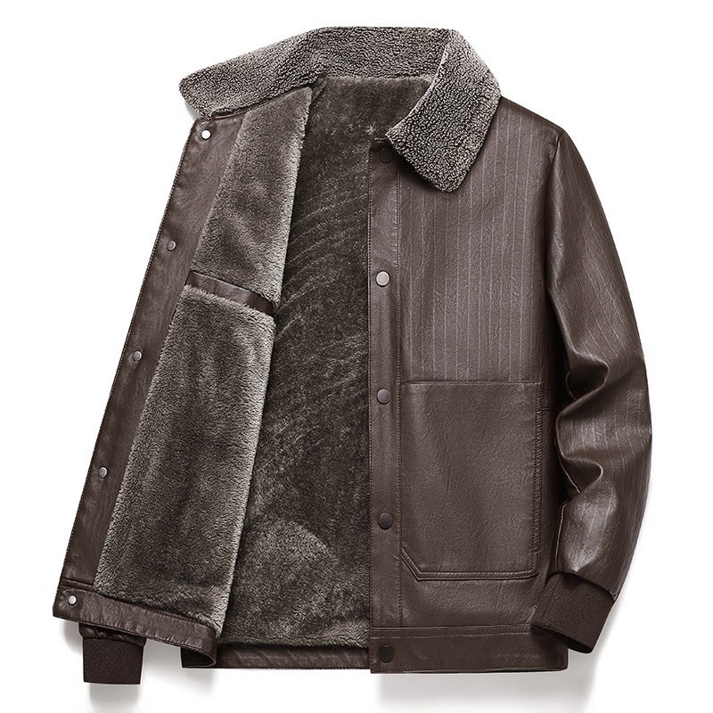 Men's Faux Leather Blouson with Sherpa Collar, Warm Teddy Lining and Pinstripe Detail Chichicherry
