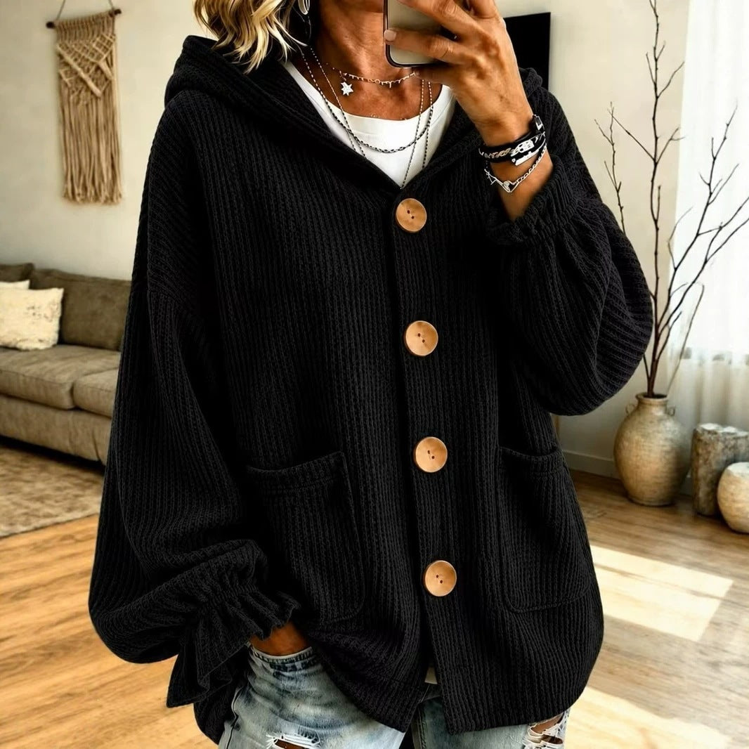 Women's Oversized Hooded Cardigan with Waffle Texture and Wooden Buttons Chichicherry