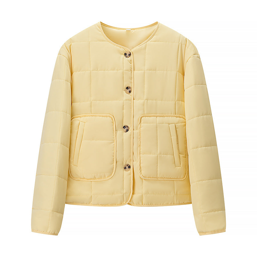 Women Lightweight Quilted Short Jacket with Crew Neck and Patch Pockets Chichicherry