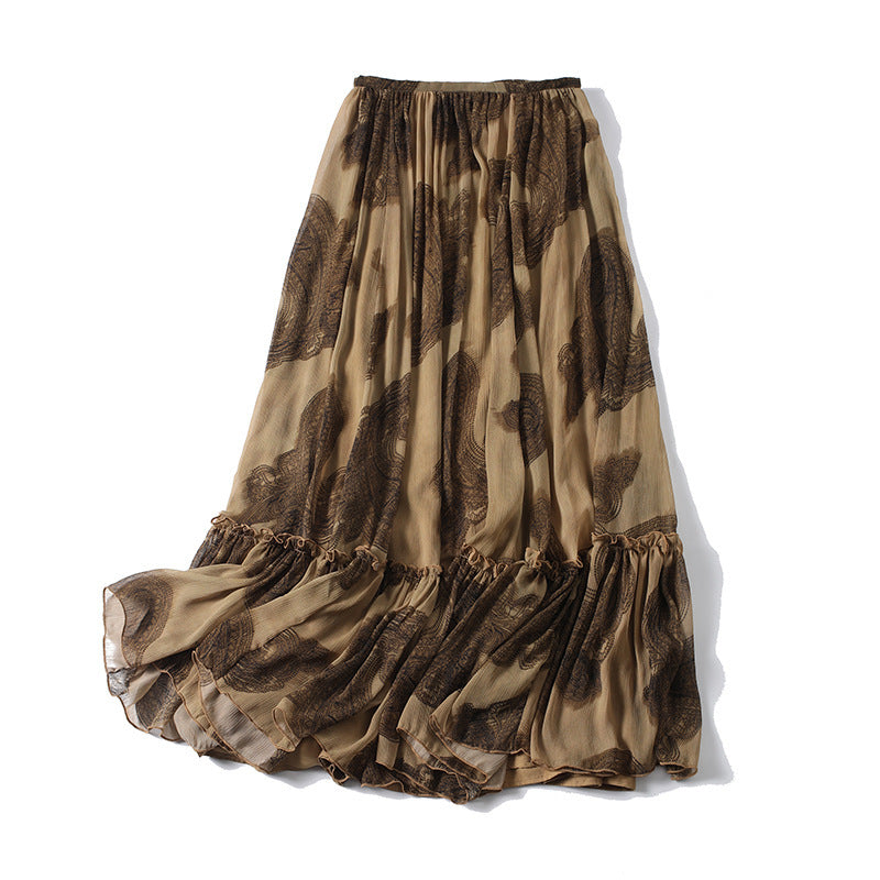 Women's maxi skirt made of chiffon with pleats, elastic waistband, and ruffled hem Chichicherry