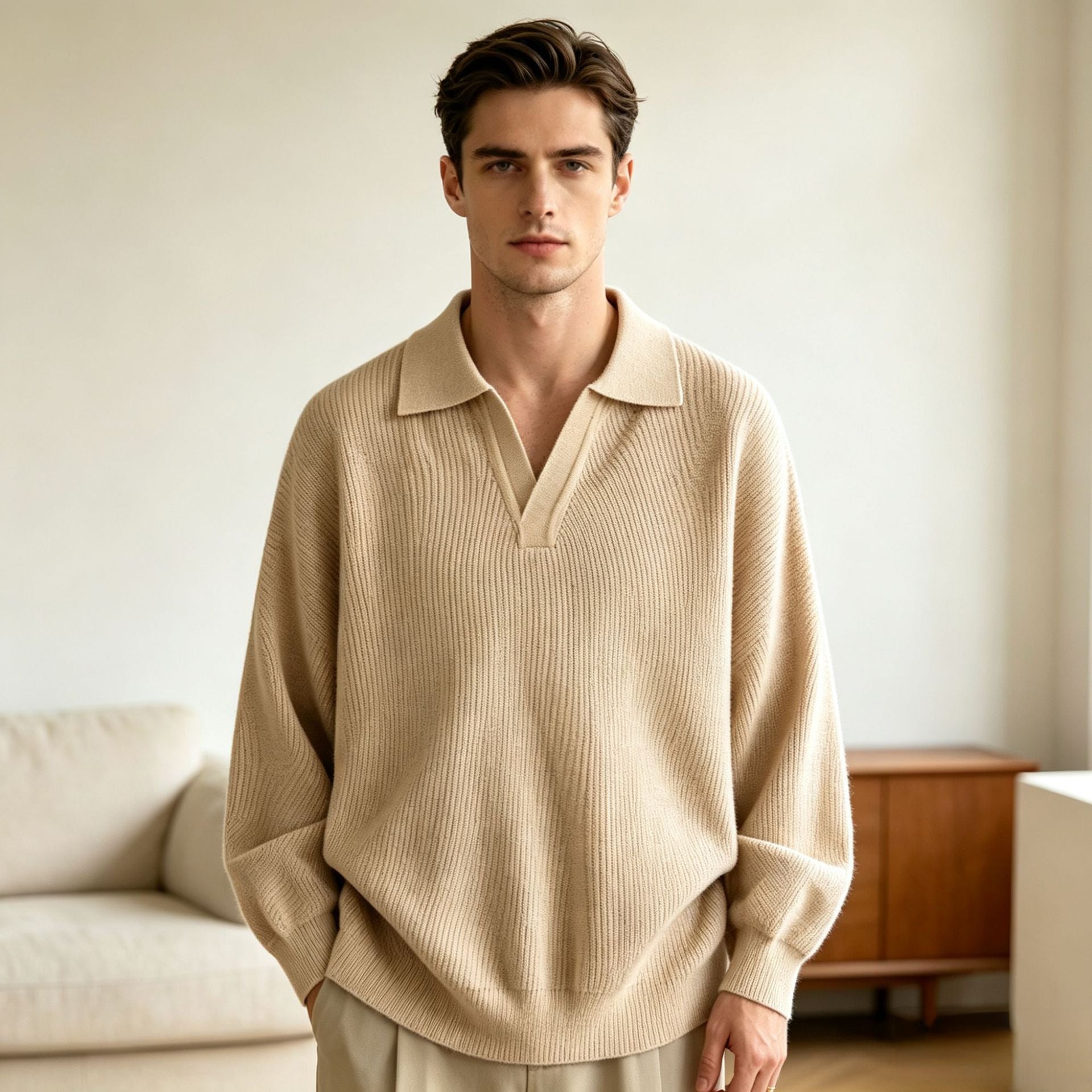 Unisex Oversized Feinstrick-Polo-Pullover mit offenem V‑Ausschnitt und lässiger Silhouette Chichicherry