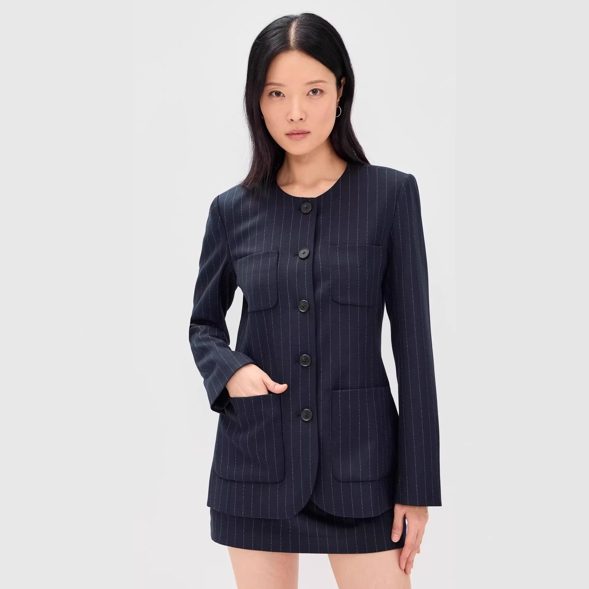 Women Two-Piece Pinstripe Tailoring Set with Collarless Blazer and High-Cut Mini Skirt Chichicherry