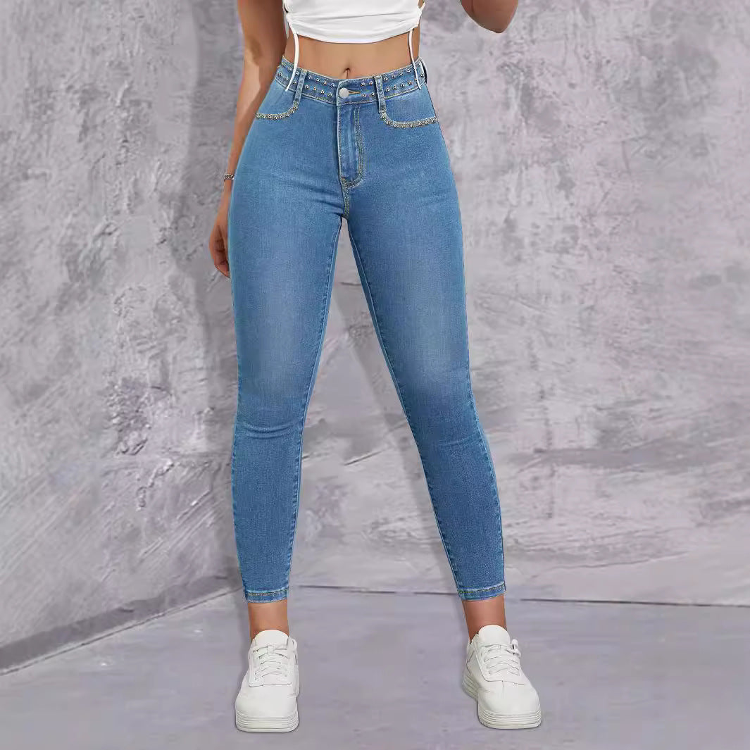 Ladies high-waisted skinny jeans with rhinestone embellishments and ankle-length cut Chichicherry
