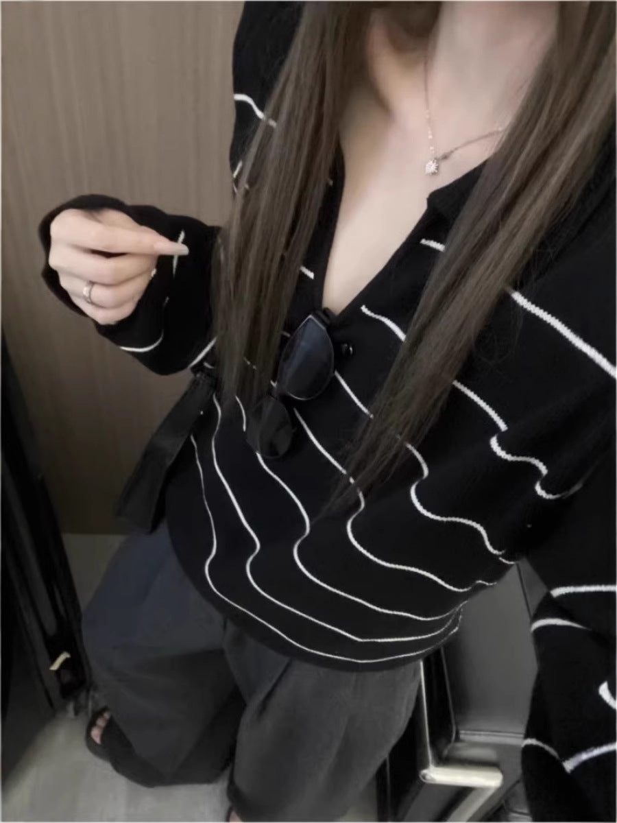 Women Casual Oversized Knit Sweater with Polo Collar and Fine Stripe Pattern Chichicherry