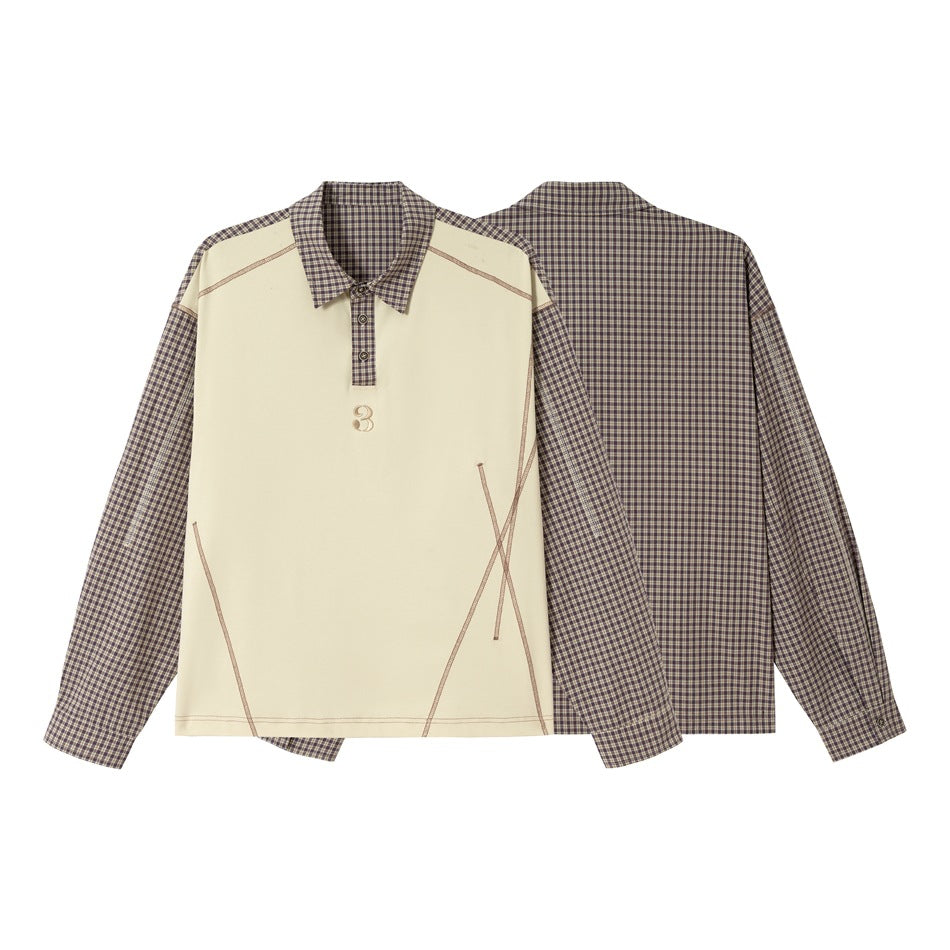 Unisex Oversize Long Sleeve Polo Shirt with Checked Sleeves, Shirt Collar and Decorative Topstitching Chichicherry